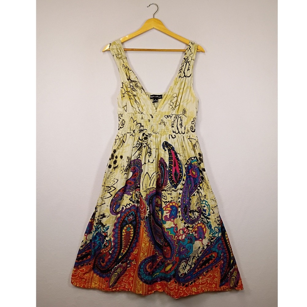 Boho Club Z Collection Women's Size M Yellow Paisley Smocked Empire Waist Dress